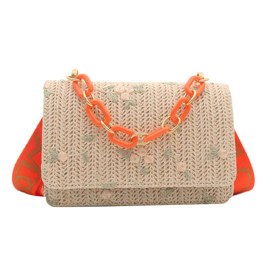 Women'S Fashion Straw Small Square Bag Acrylic Chain