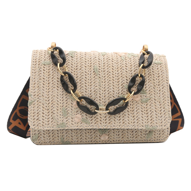 Women'S Fashion Straw Small Square Bag Acrylic Chain