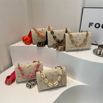 Women'S Fashion Straw Small Square Bag Acrylic Chain