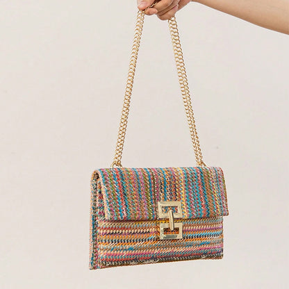 Bag Women'S Vacation Style Multi-Compartment Chain Flap Screw Lock Straw Bag