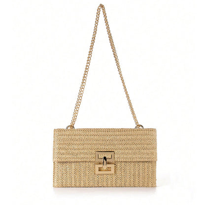 Bag Women'S Vacation Style Multi-Compartment Chain Flap Screw Lock Straw Bag