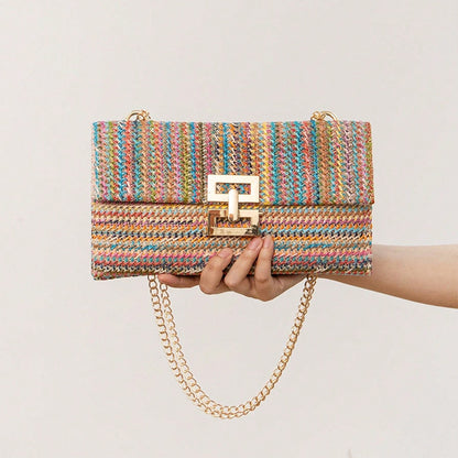 Bag Women'S Vacation Style Multi-Compartment Chain Flap Screw Lock Straw Bag