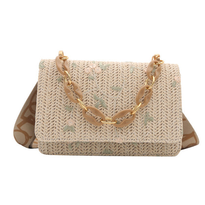 Women'S Fashion Straw Small Square Bag Acrylic Chain