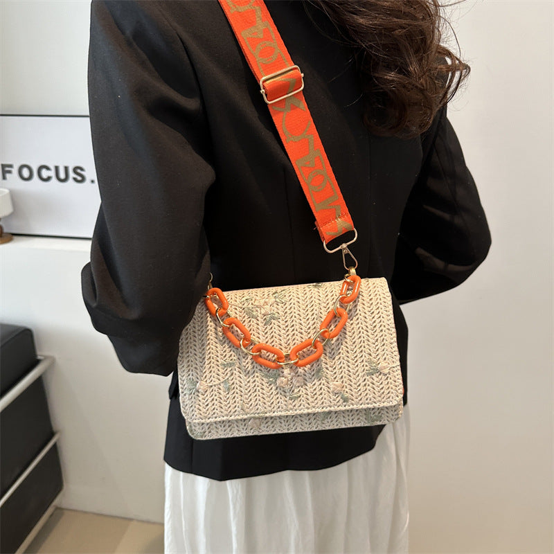 Women'S Fashion Straw Small Square Bag Acrylic Chain