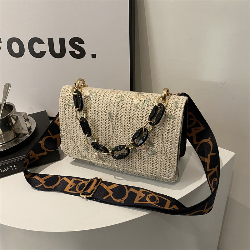Women'S Fashion Straw Small Square Bag Acrylic Chain