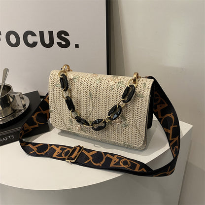 Women'S Fashion Straw Small Square Bag Acrylic Chain