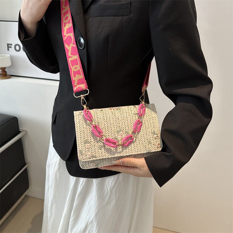 Women'S Fashion Straw Small Square Bag Acrylic Chain
